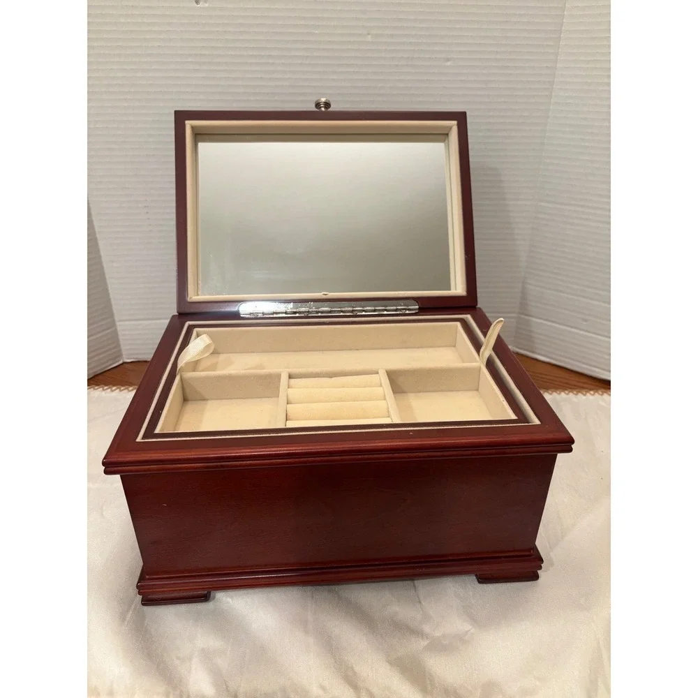 Reed & Barton Mahogany Finish Wood Jewelry Box Mirror Removable Tray Footed 2010